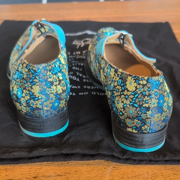 John Fluevog Teal and Gold Floral Mary Jane Flats - Picture 5 of 9